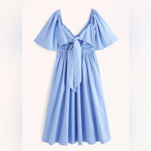 Abercrombie & Fitch Angel Sleeve Twist Front Midi Dress Blue Size Medium Petite - Picture 10 of 11